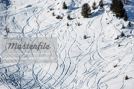 Ski tracks in snowy landscape, aerial view, Gressan, Aosta Valley, Italy, Europe