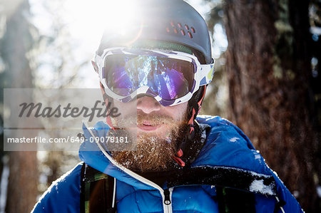 Portrait of skier, outdoors, close-up