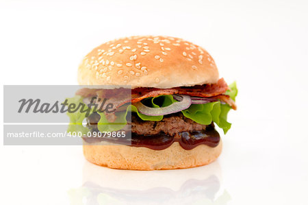 Fresh delicious burger whith bacon and salad isolated