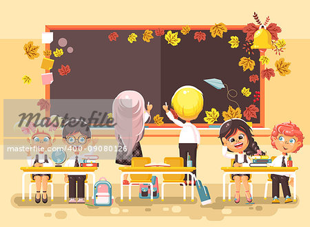 Stock vector illustration back to school cartoon characters schoolboy schoolgirls write on blackboard pupils apprentices studying in classroom sitting at staple with textbooks on flat style background.