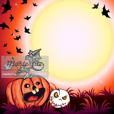 Halloween Party Illustration with Pumpkin in the Grass, Bats, Ghost and Moon