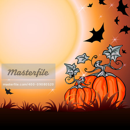 Halloween Party Illustration with Pumpkin in the Grass, Bats and Moon