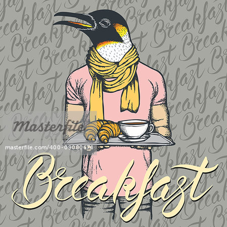 Breakfast vector concept. Illustration of penguin with croissant and coffee