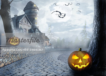 Halloween Night. Bats and pumpkins on the background of dark houses, roads and forests in the fog