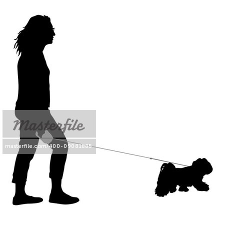 Silhouette of woman and dog on a white background.