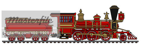 Hand drawing of a vintage red american wild west steam locomotive