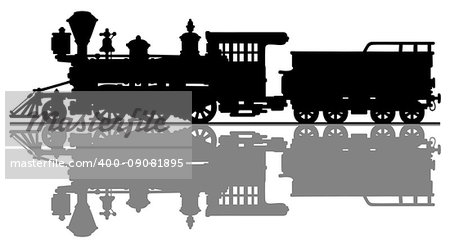 Hand drawing of a black silhouette of  the vintage american wild west steam locomotive
