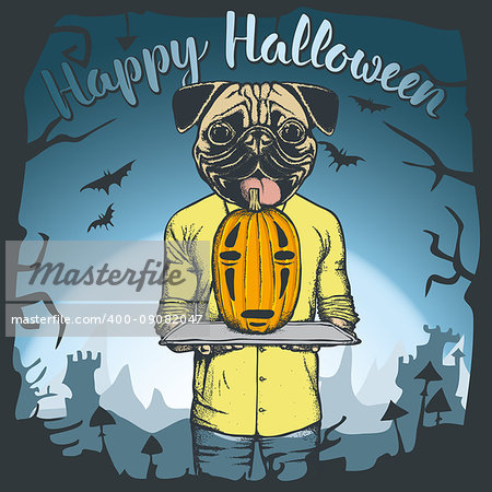 Vector illustration of dog celebrating Halloween. Dog with Halloween pumpkin