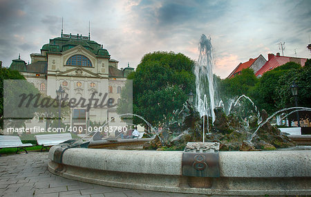 Building of National Theatre in slovakian city Kosice with fountains in front of it