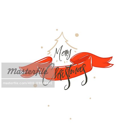 Hand drawn vector Merry Christmas shopping time cartoon graphic simple greeting illustration logo design with red ribbon and handwritten calligraphy isolated on white background.