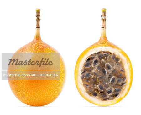 Granadilla or grenadia passion fruit isolated on white background. Clipping path included
