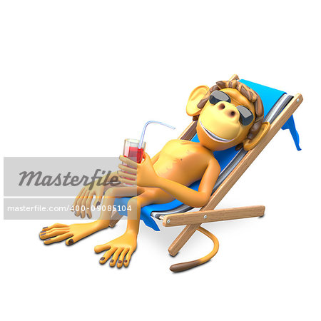 3D Illustration of a Monkey in a Deckchair on White Background