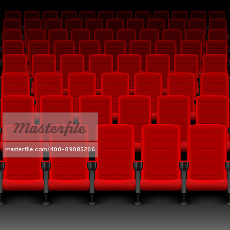 Realistic cinema hall red seats. Movie theater with rows of empty seats or chairs. Vector illustration EPS 10