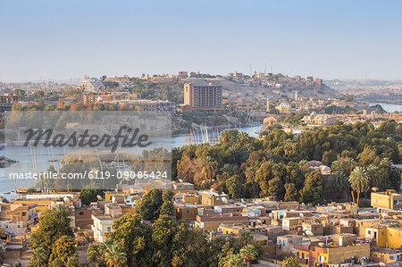 View of Aswan looking over Elephantine Island towards The Cataract Hotel, Aswan, Upper Egypt, Egypt, North Africa, Africa