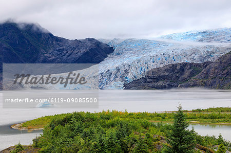 Blue iceberg, blue ice face of Mendenhall Glacier, elevated view, Visitor Centre, Tongass National Forest, Juneau, Alaska, United States of America, North America