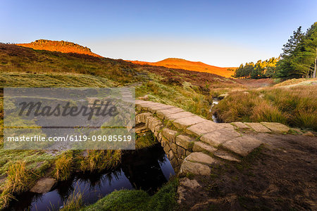 Carl Wark and Higger Tor, autumn sunrise, from Burbage Brook, Hathersage Moor, Peak District National Park, Derbyshire, England, United Kingdom, Europe