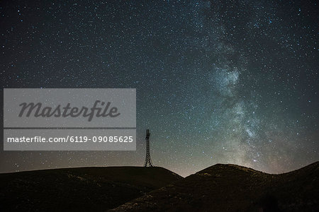 Summit cross of Mount Catria and Milky Way, Marche, Italy, Europe