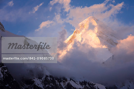 Khan Tengri Glacier viewed at sunset from the Base Camp, Central Tian Shan Mountain range, Border of Kyrgyzstan and China, Kyrgyzstan, Central Asia, Asia