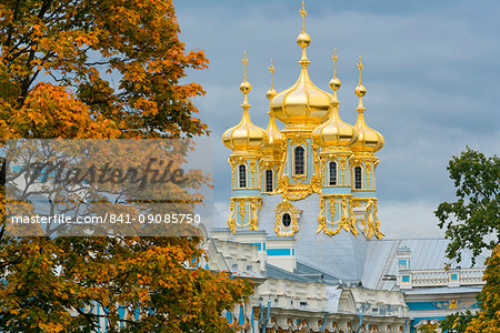 View of the domes of the Chapel of the Catherine Palace, UNESCO World Heritage Site, Pushkin, near St. Petersburg, Russia, Europe