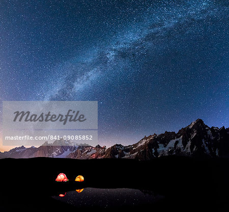Panorama of Mont Blanc, Mont De La Saxe and Grand Jorasses under the starry sky, Graian Alps, Courmayeur, Aosta Valley, Italy, Europe