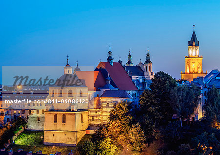 Dominican Priory and Trinitarian Tower at twilight, Old Town, City of Lublin, Lublin Voivodeship, Poland, Europe