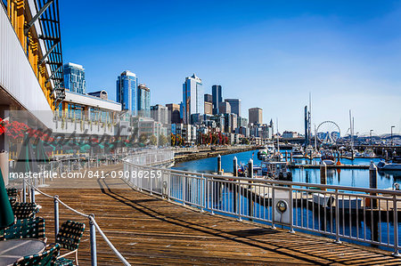 Seattle skyline on sunny day from Bell Harbor Marina, Seattle, Washington State, United States of America, North America