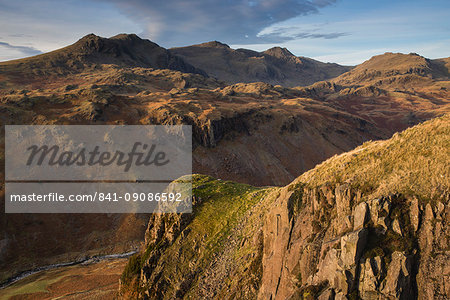 Late evening light on the Scafells from above Hardknott Fort, Lake District National Park, Cumbria, England, United Kingdom, Europe