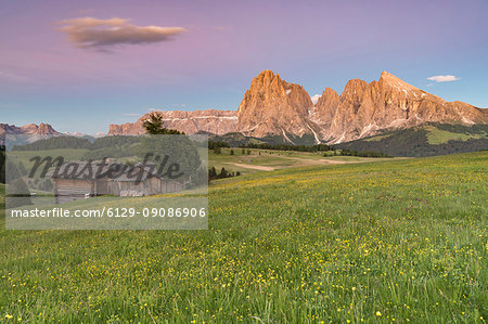 Alpe di Siusi/Seiser Alm, Dolomites, South Tyrol, Italy. Dusk on the Alpe di Siusi