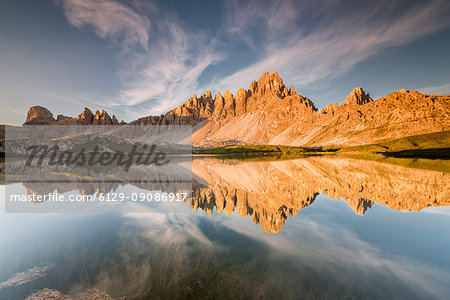 Sesto / Sexten, province of Bolzano, Dolomites, South Tyrol, Italy. Sunrise at the lake Piani ant the Mount Paterno