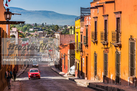 Brightly colored buildings on Zacateros Street in San Miguel de Allende, Mexico