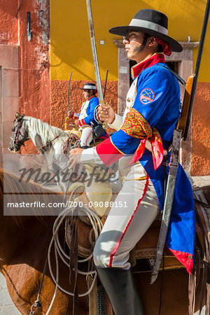 Man riding horse depiciting General Ignacio Allende during the procession of Our Lady of Loreto Festival in San Miguel de Allende, Mexico