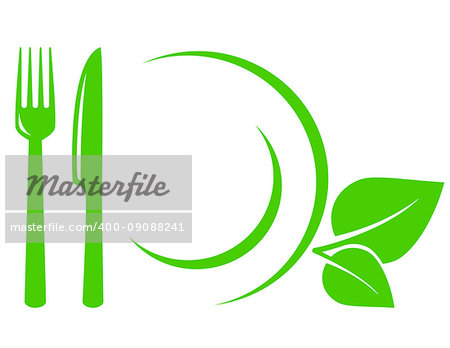 green vegetarian icon with leaves, fork, knife and plate