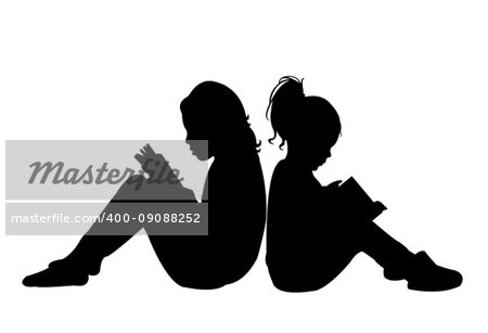 girls reading book, silhouette vector