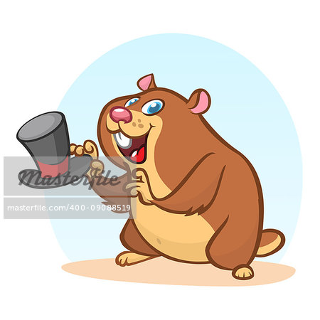 Happy Groundhog Day. Vector illustration with cartoon grounhog holding hat