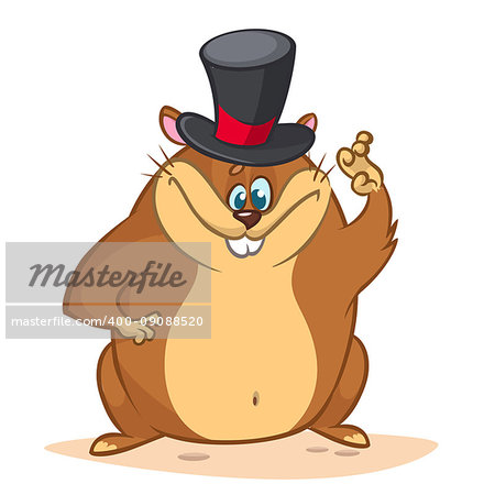 Happy cartoon groundhog on his day with mayor hat. Vector illustration with cute marmot mascot character waving. Happy Groundhog Day Theme