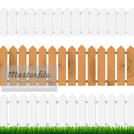 Fence With Green Grass And Blue Sky With Gradient Mesh, Vector Illustration