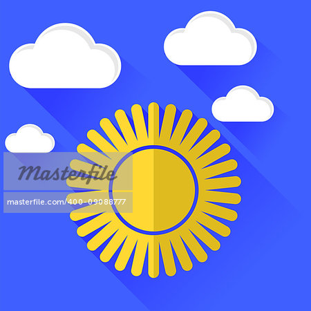 Sun Icon Isolated on Blue Sky Background. Long Shadow