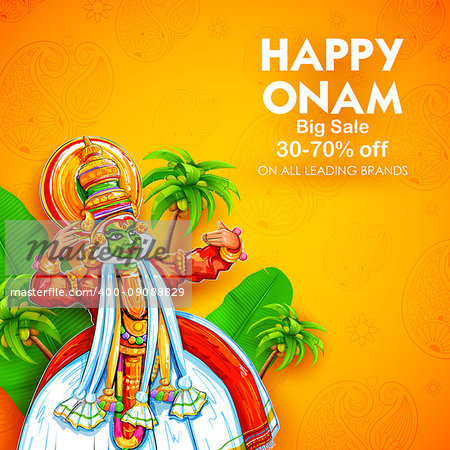 illustration of colorful Kathakali dancer on advertisement and promotion background for Happy Onam festival of South India Kerala