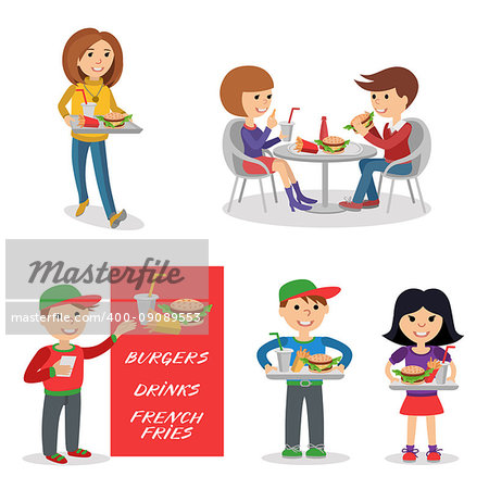 Vector illustration of people with fast food isolated on white background.