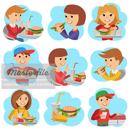 Vector illustration icons of people with fast food isolated on white background.