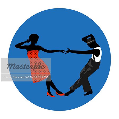 Couple man and woman dancing, vintage dance, black silhouettes and color dress up, vector sign, icon, ads, promo, banner, illustration