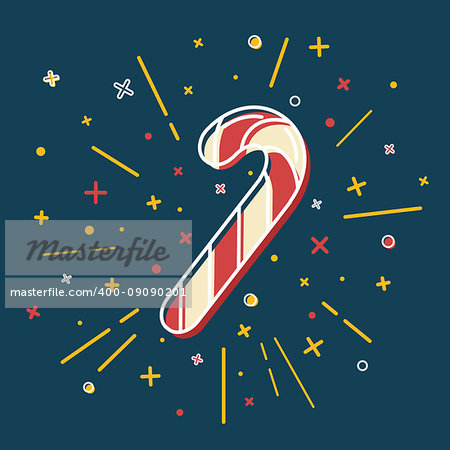 Colored Christmas candy cane icon in thin line style. Traditional sweet symbol isolated on blue background.