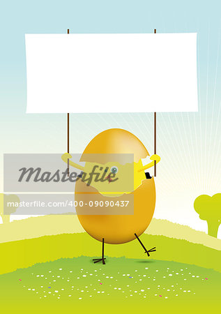 Illustration of a tiny easter chick in a spring or summer landscape, holding a blank space to put your message in