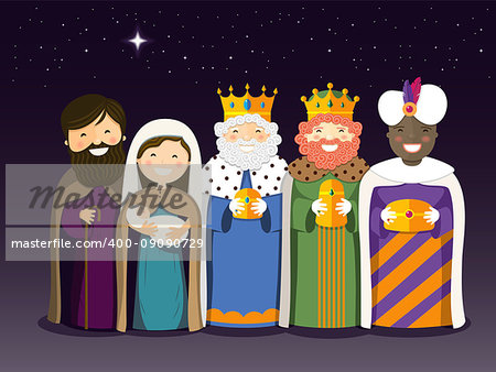 The Three Kings and Holy Family on the Epiphany day. Vector ilustration