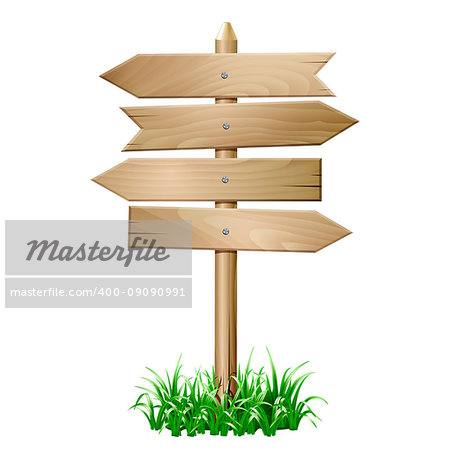 Empty arrows wooden sign on white background. Each one is shot separately. Wooden signpost in grass. Vector illustration