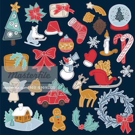 Christmas sticker elements set with gift box, xmas tree, deer, snowman, gingerbread cookie, candle, bell, poinsettia flower, sleigh, wreath and other. 25 elements can be used for advent calendar