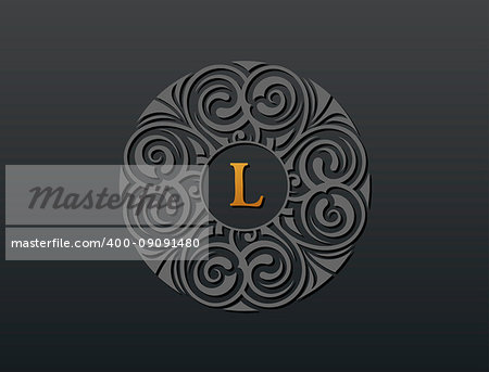 Round brown calligraphic royal emblem. Vector floral symbol for cafe, restaurant, shop, print, stamp. Logo design template for coffee, tea, business card. Monogram letter L