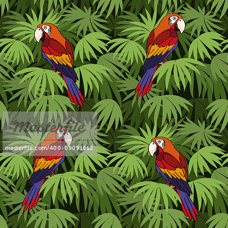 Seamless Pattern, Tropical Landscape, Colorful Parrots on Green Leaves Exotic Plants, Tile Background. Vector