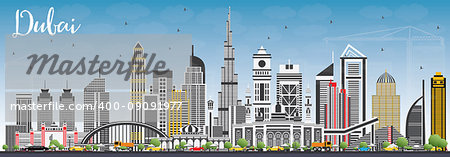 Dubai UAE Skyline with Gray Buildings and Blue Sky. Vector Illustration. Business Travel and Tourism Illustration with Modern Architecture. Image for Presentation Banner Placard and Web Site.