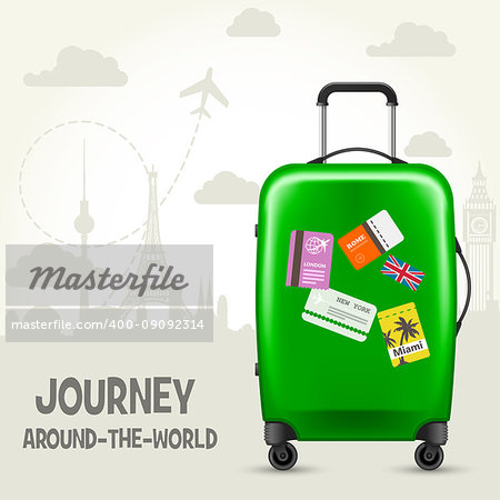 Suitcase with travel tags and european landmarks - tourism poster
